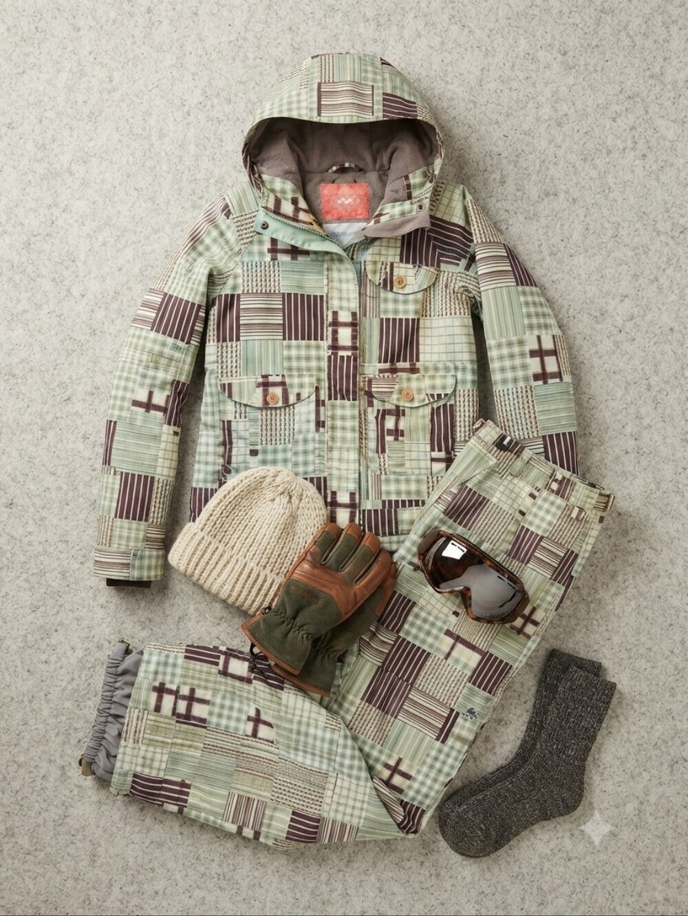 Y2K Foursquare Green Brown 2-piece Snowboarding Coat And Pants Set